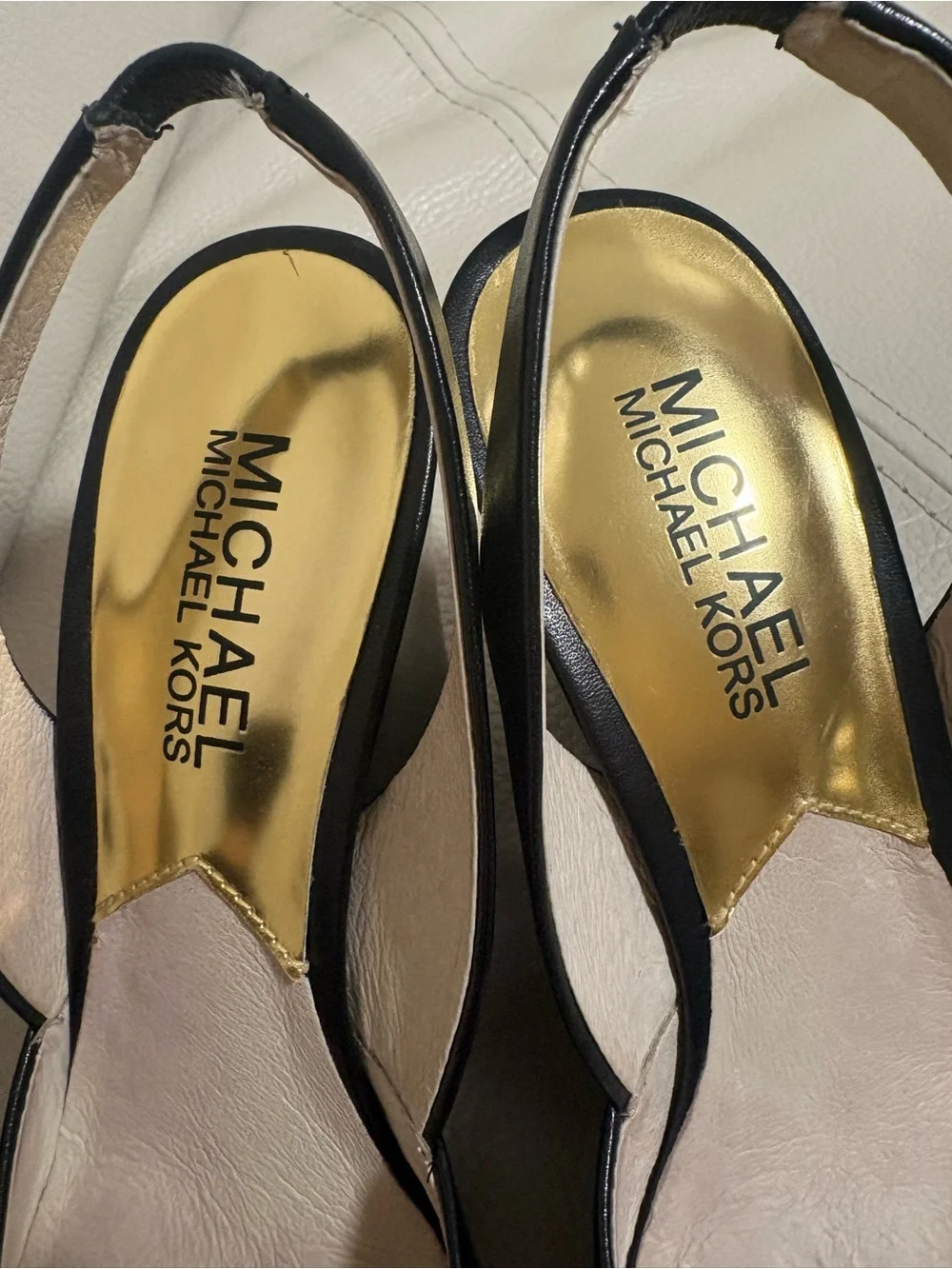 Michael Kors Black Leather Slingback Peep-Toe Heels with Gold MK Logo Size 5.5